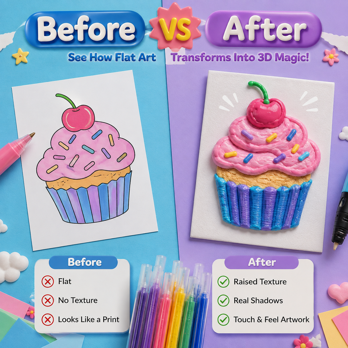 👑Popcorn IEY® 3D Puffy Pens 18-Color Set | Magical Coloring Pens That “Rise” After Drawing | Kids’ Early Learning DIY Craft Gift Set