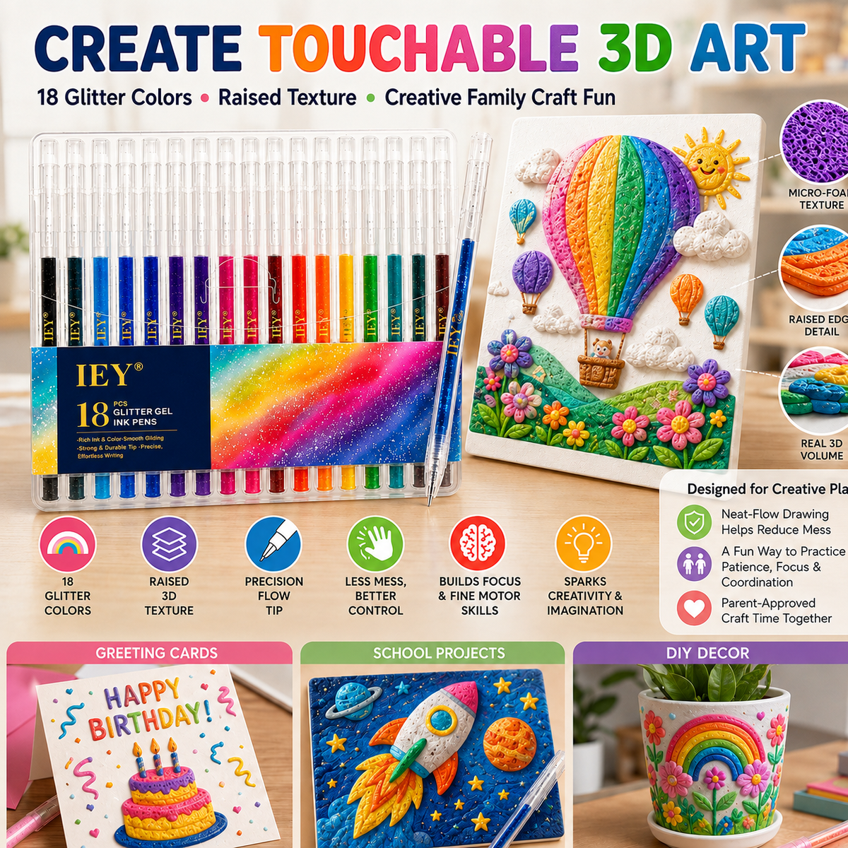 👑Popcorn IEY® 3D Puffy Pens 18-Color Set | Magical Coloring Pens That “Rise” After Drawing | Kids’ Early Learning DIY Craft Gift Set