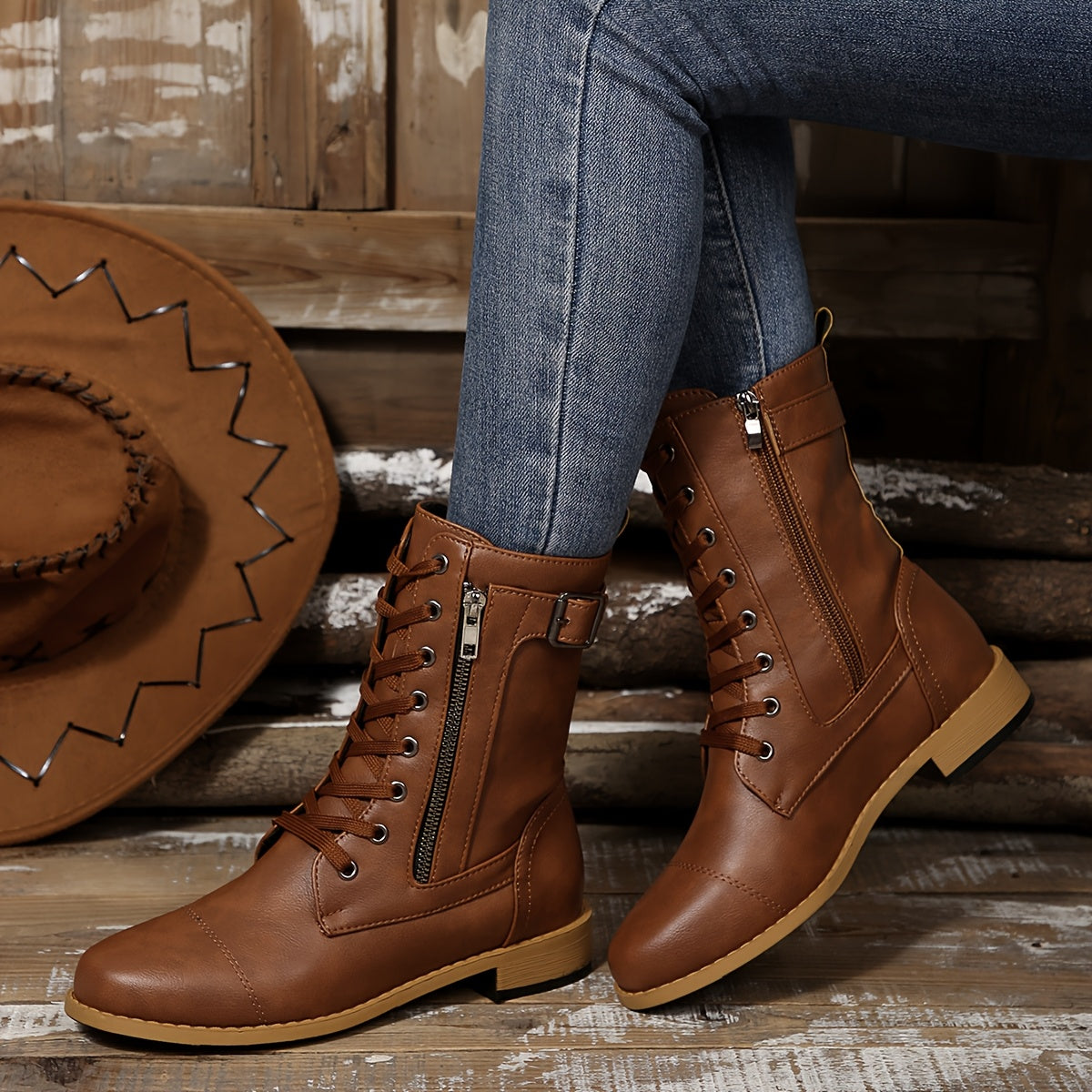 🔥Last Day 50% OFF - Women's Zipper Leather Boots - Wide Fit, Cushioned Sole Pain Relief Riding