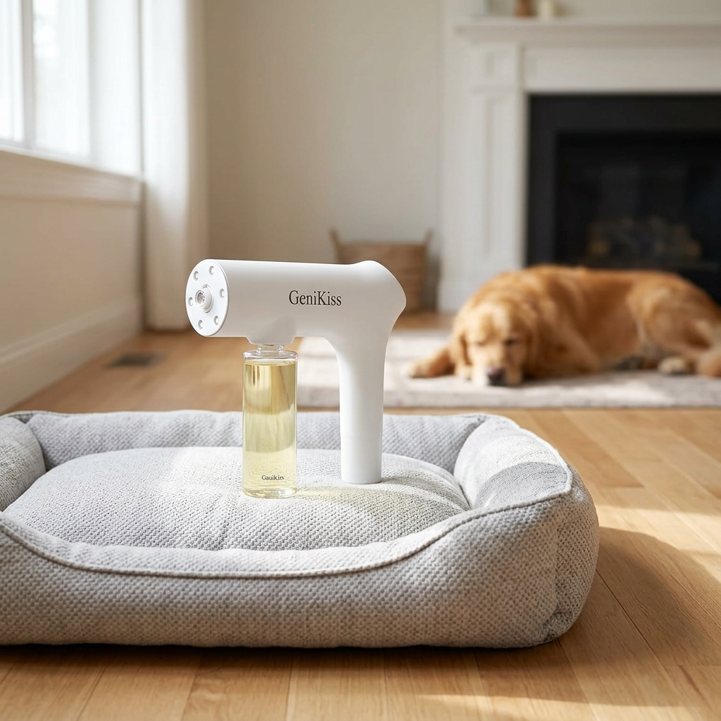 AI-generated GeniKiss product scene beside a pet bed