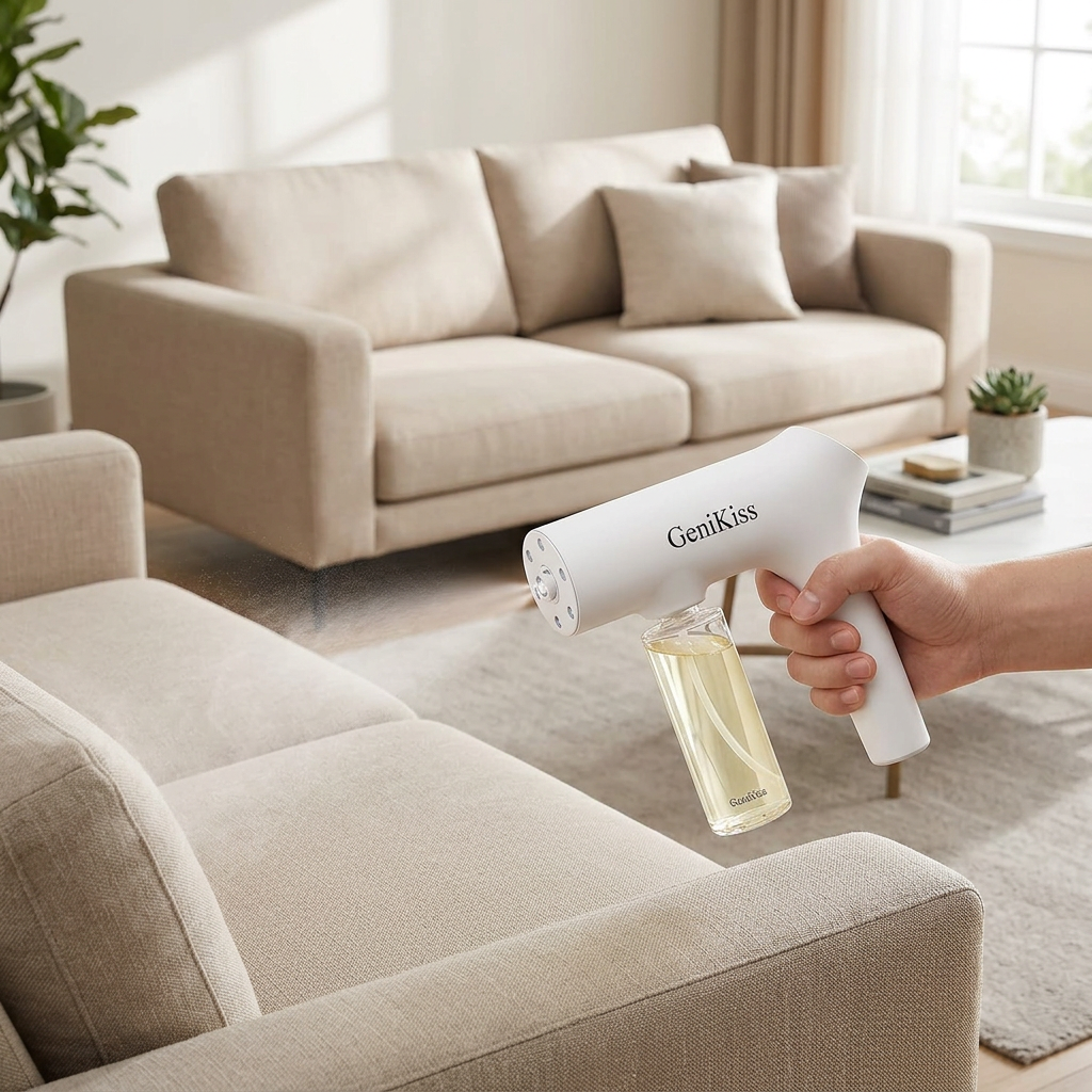 AI-generated illustration of GeniKiss sprayer use on a sofa