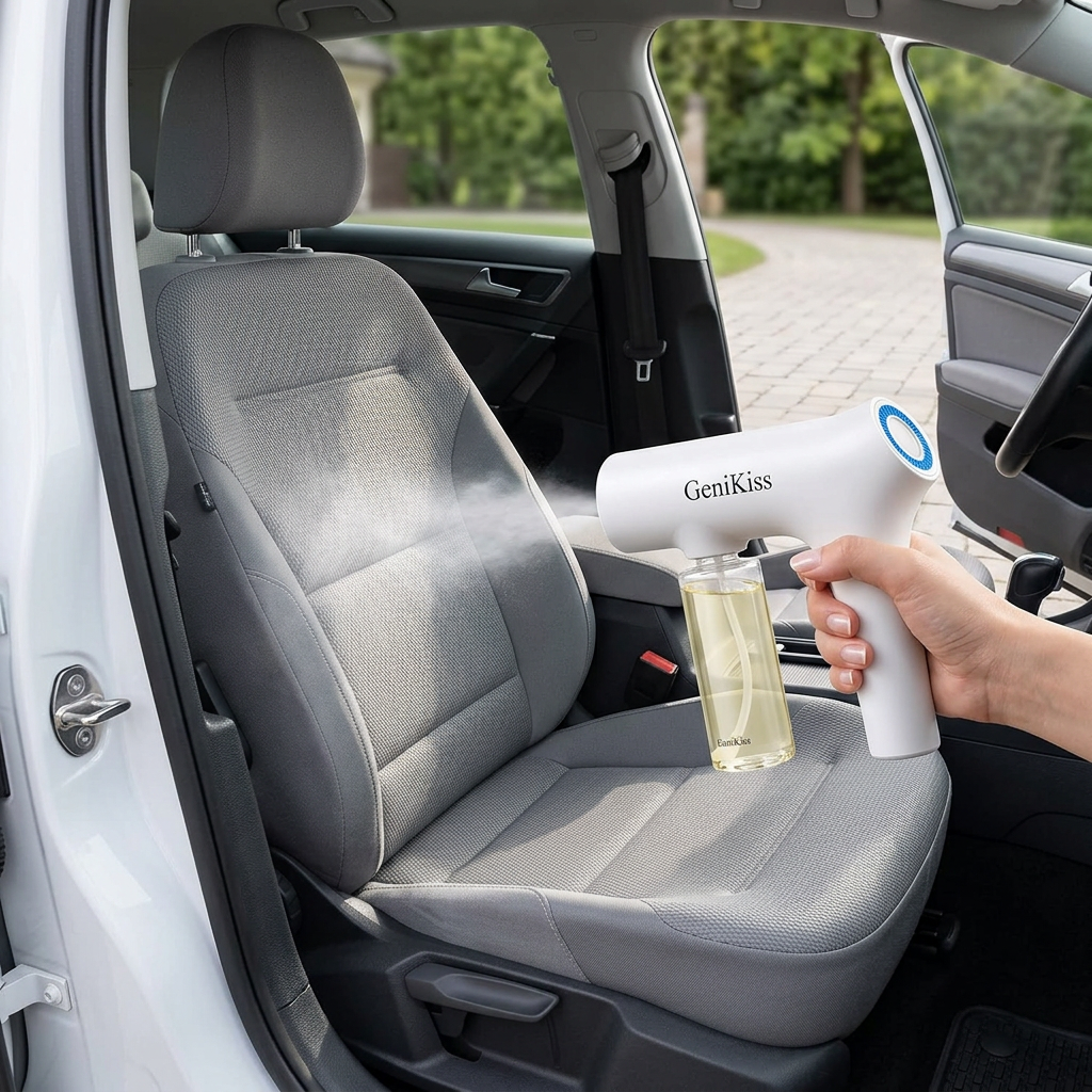 AI-generated illustration of GeniKiss sprayer use on a fabric car seat