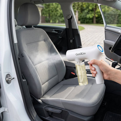 AI-generated illustration of GeniKiss sprayer use on a fabric car seat